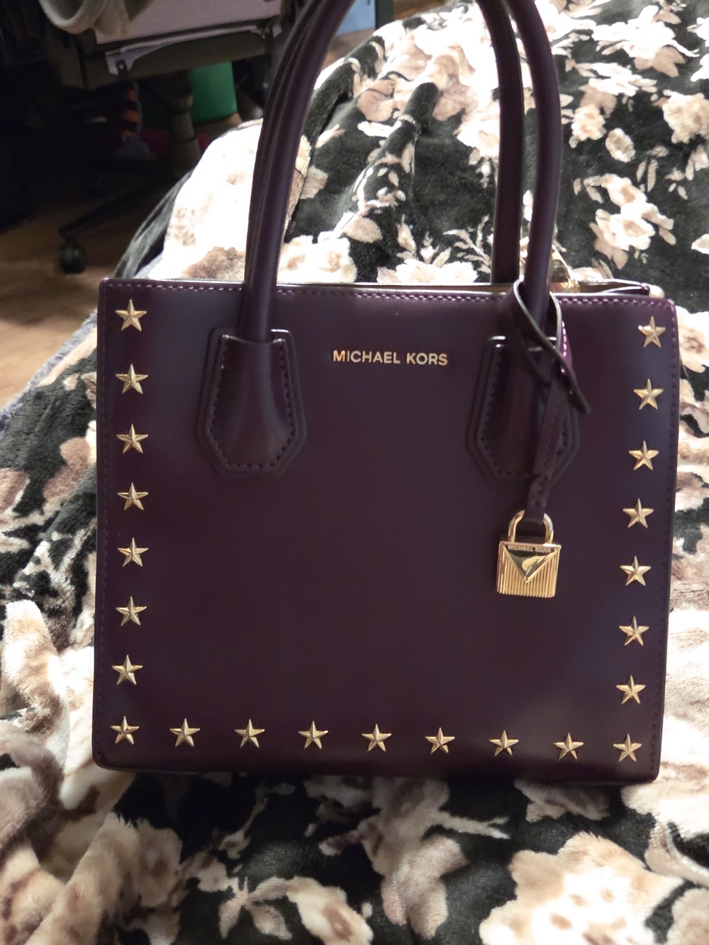 Michael Kors Plum Leather Satchel with Gold Star Studs